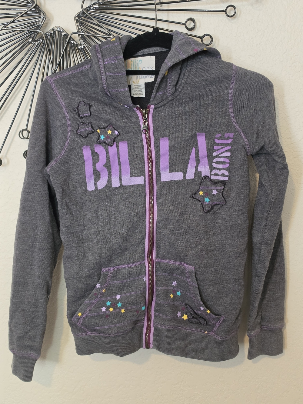 Billabong Girls Gray Hoodie with Purple Logo and Multicolor Star Accents